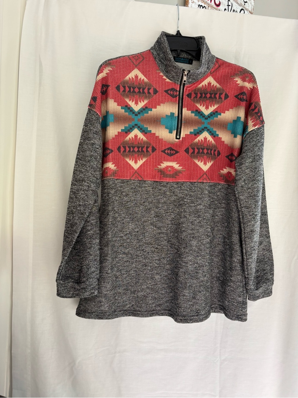 Women's Gray Half-Zip Pullover with Coral Aztec Yoke